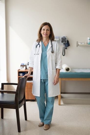 Una médica de la clínica, de pie